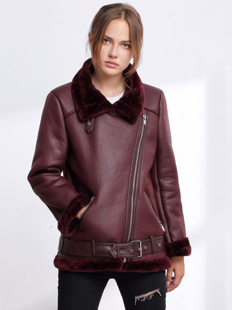 Naisten Nahkatakki Faux Shearling Pu Moto -takki Talviulkovaatteet - Burgundy