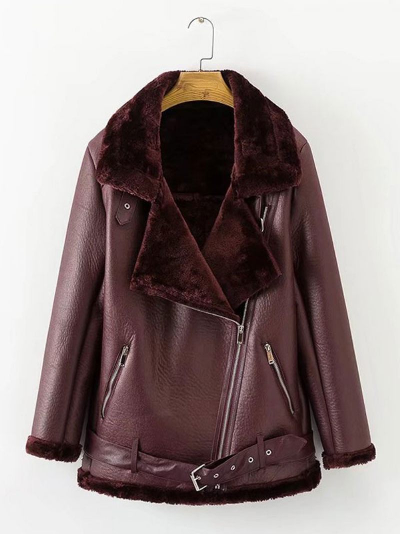 Naisten Nahkatakki Faux Shearling Pu Moto -takki Talviulkovaatteet - Burgundy