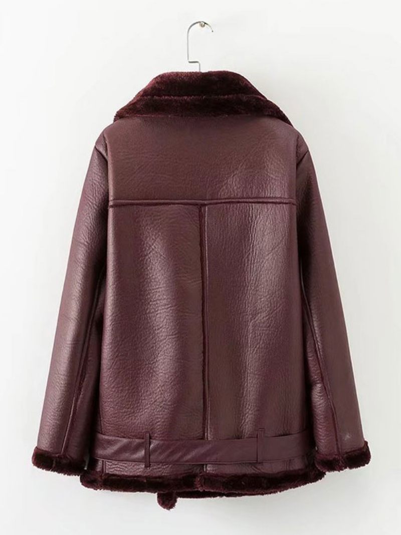 Naisten Nahkatakki Faux Shearling Pu Moto -takki Talviulkovaatteet - Burgundy