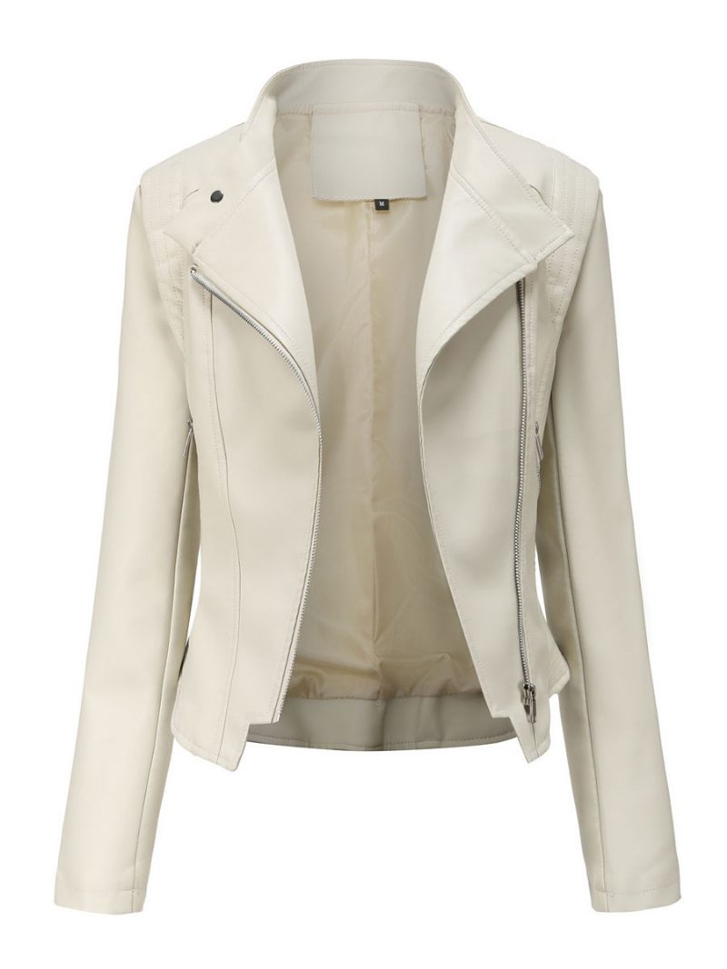 Pu-nahkainen Mototakki Jalustakaulus Spring Biker -ulkovaatteet Naisille - Beige