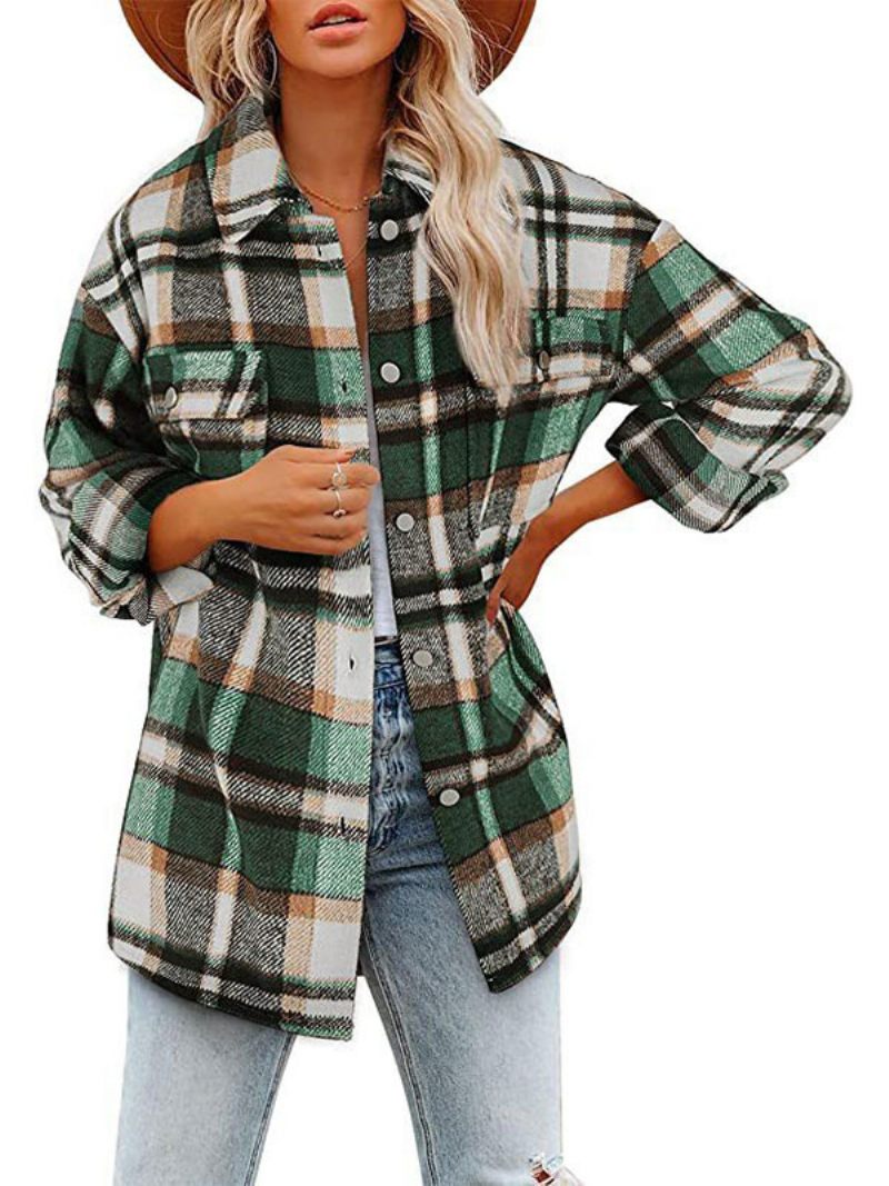 Shacket Khaki Turndown Collar Button Plaid Overshirt Takki Rento Kevätsyksyn Päällysvaatteet Naisille - Salvia