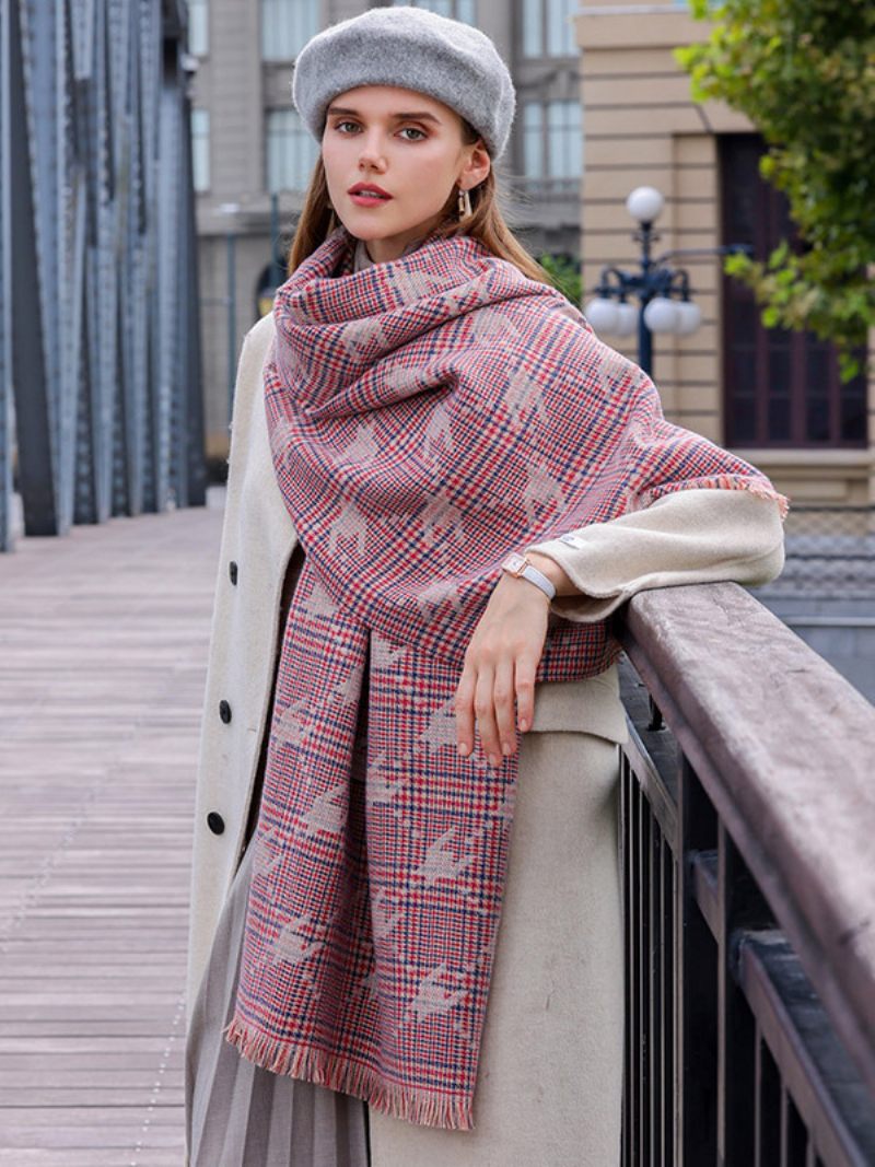 Print Scarf Plaid Eyelash Trim Peitto Syksy Talvi Huivit Naisille - Punainen