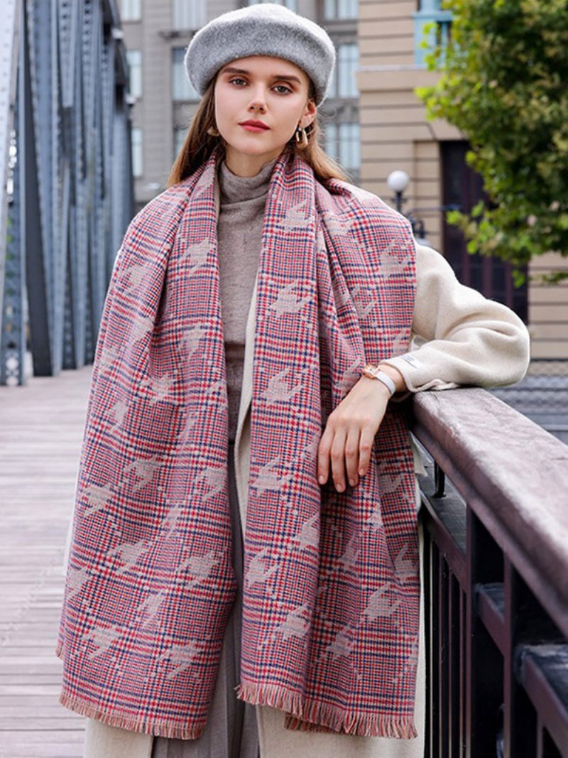 Print Scarf Plaid Eyelash Trim Peitto Syksy Talvi Huivit Naisille - Punainen