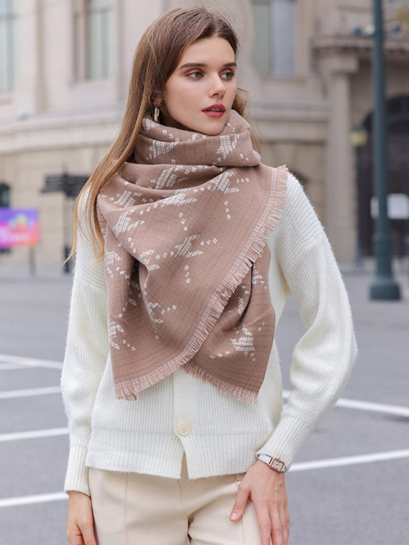 Print Scarf Plaid Eyelash Trim Peitto Syksy Talvi Huivit Naisille - Khaki