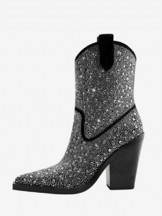 Mustat Länsimaiset Saappaat Naisten Teräväkärkiset Block Heel Sparkly Cowboy-saappaat