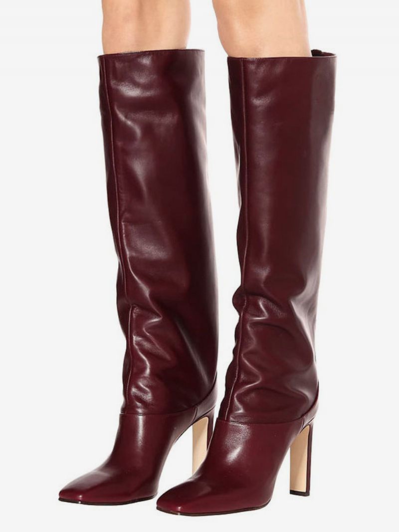 Naisten Burgundy-saappaat Square Toe Chunky Heel Polvisaappaat