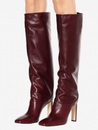 Naisten Burgundy-saappaat Square Toe Chunky Heel Polvisaappaat