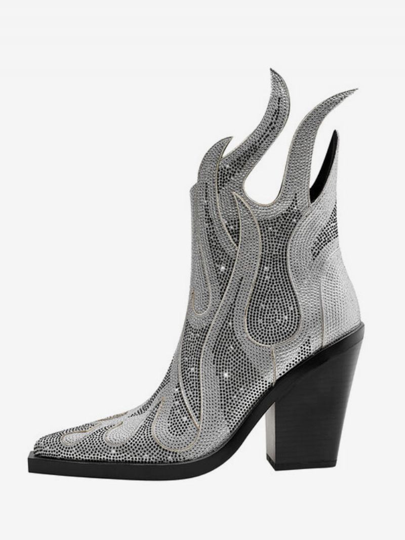 Naisten Hopeanväriset Western-saappaat Teräväkärkiset Block Heel Sparkly Cowboy-saappaat