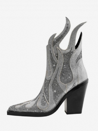 Naisten Hopeanväriset Western-saappaat Teräväkärkiset Block Heel Sparkly Cowboy-saappaat