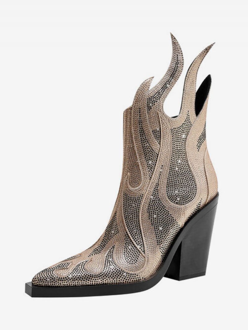 Naisten Hopeanväriset Western-saappaat Teräväkärkiset Block Heel Sparkly Cowboy-saappaat - Kulta