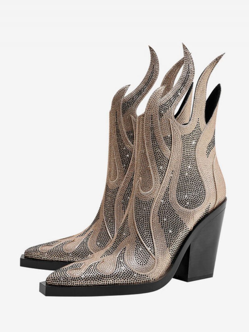 Naisten Hopeanväriset Western-saappaat Teräväkärkiset Block Heel Sparkly Cowboy-saappaat - Kulta