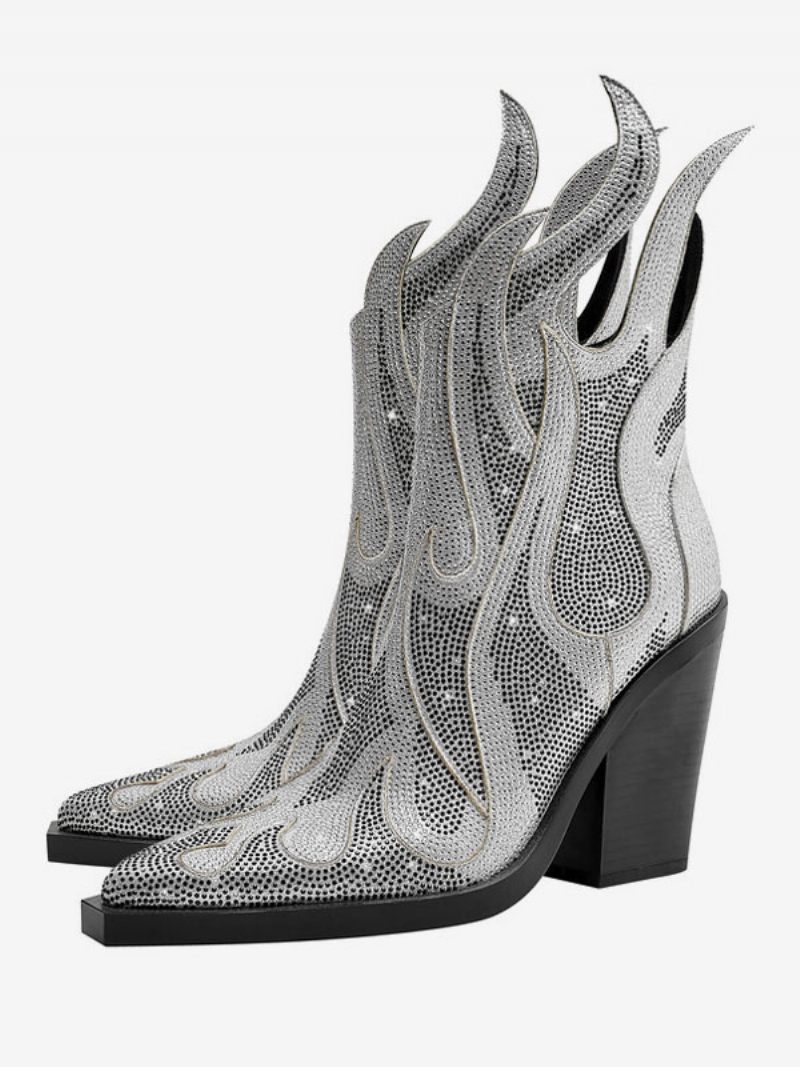 Naisten Hopeanväriset Western-saappaat Teräväkärkiset Block Heel Sparkly Cowboy-saappaat - Hopea