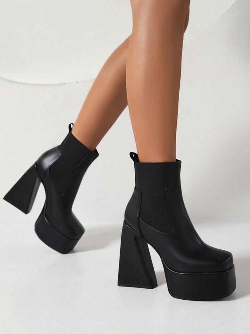 Naisten Mustat Nilkkurit Platform Square Toe Chunky Heel Saappaat