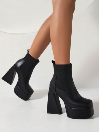 Naisten Mustat Nilkkurit Platform Square Toe Chunky Heel Saappaat