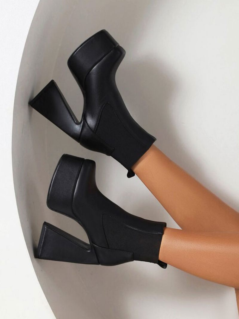 Naisten Mustat Nilkkurit Platform Square Toe Chunky Heel Saappaat - Musta