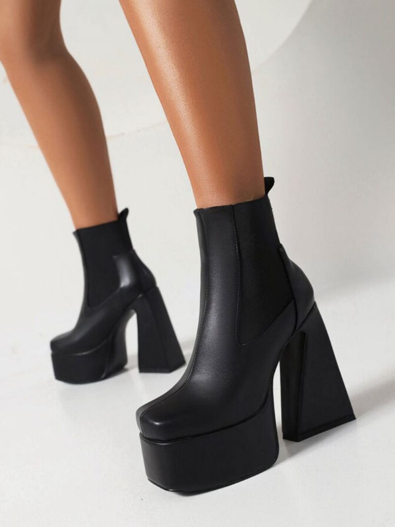 Naisten Mustat Nilkkurit Platform Square Toe Chunky Heel Saappaat - Musta