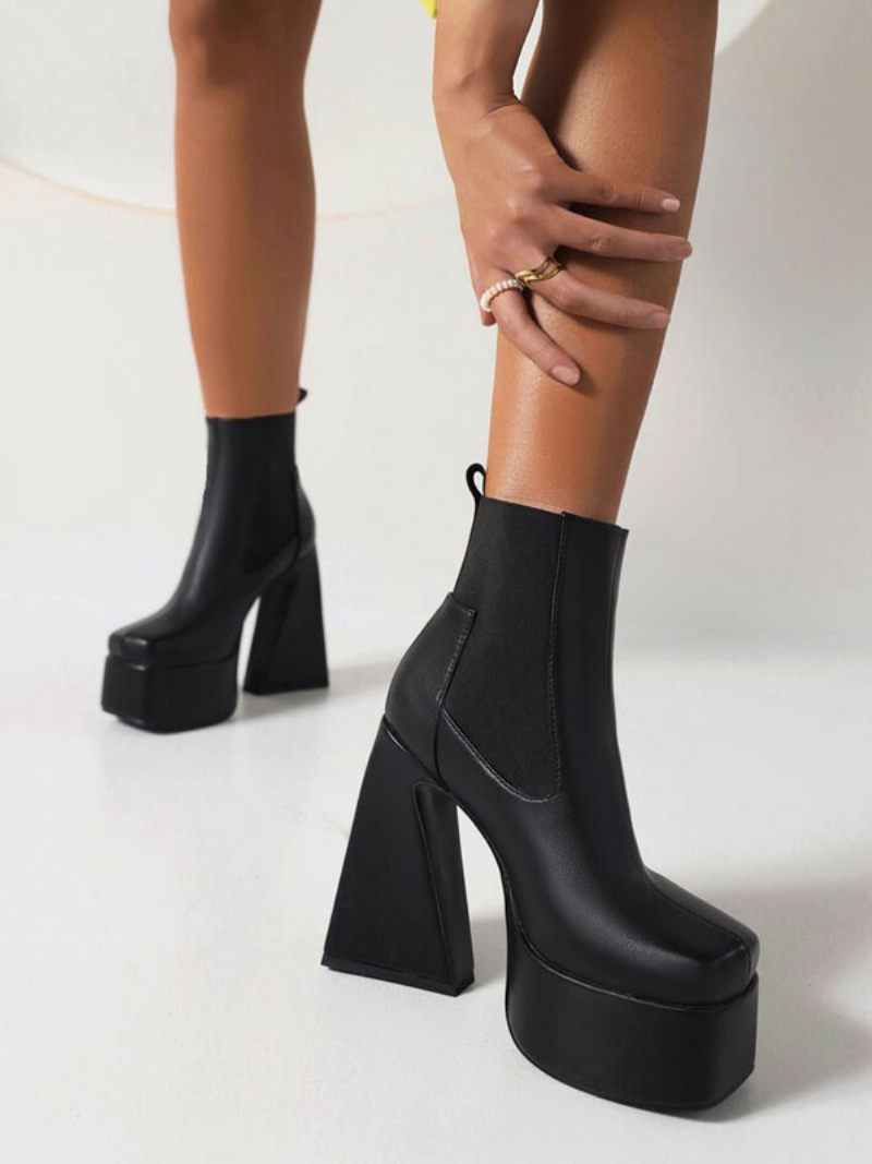 Naisten Mustat Nilkkurit Platform Square Toe Chunky Heel Saappaat - Musta