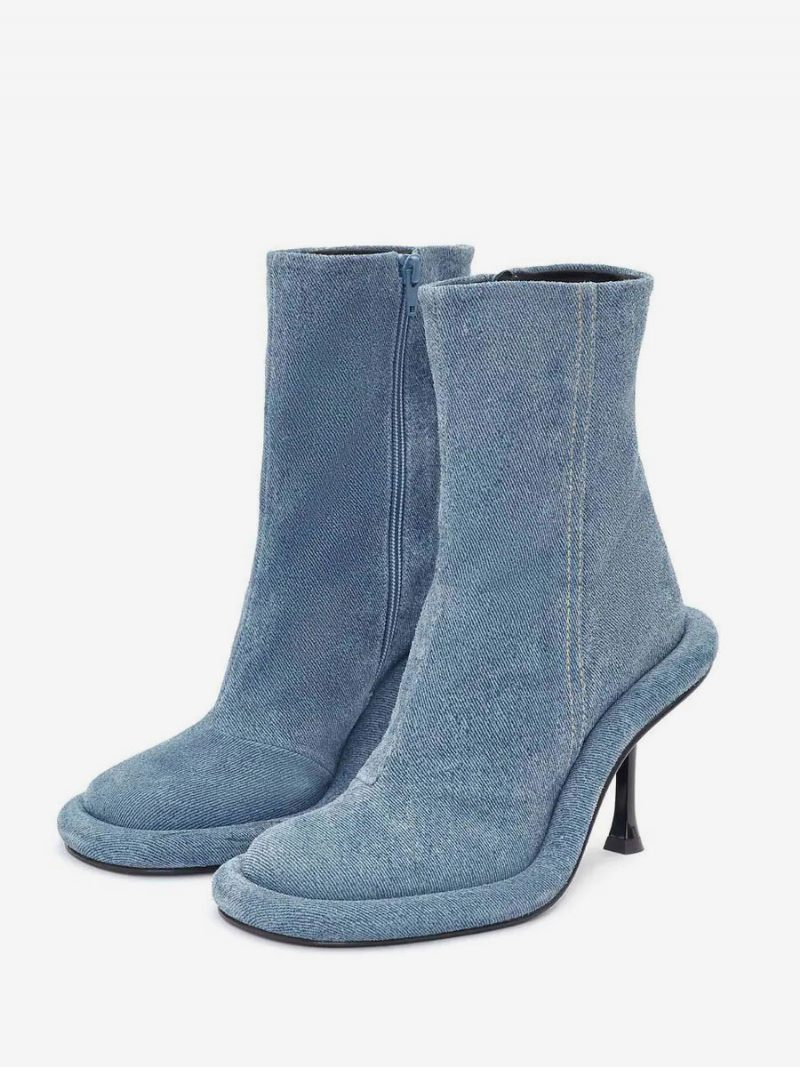 Naisten Nilkkurit Denim Sininen Pyöreä Toe Suunniteltu Stiletto Heel Saapikkaat