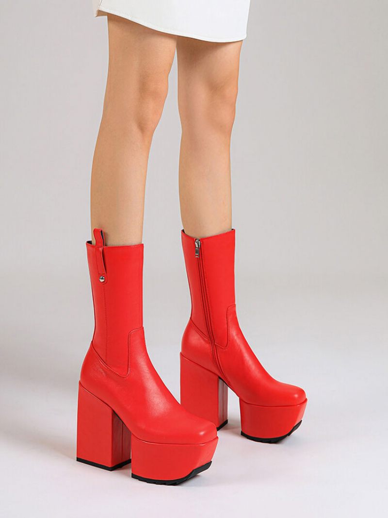 Naisten Nilkkurit Platform Square Toe Chunky Bright Leather Heel Saappaat - Punainen