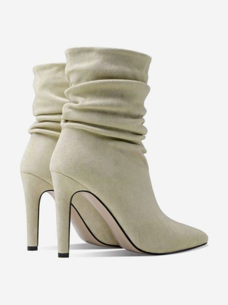 Naisten Pohkeen Keskisaappaat Ecru White Micro Suede Teräväkärkinen Stiletto Korkokengät - Beige