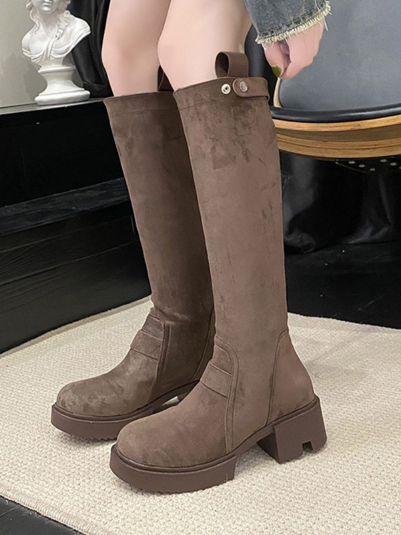 Naisten Polvisaappaat Coffe Brown Chunky Heel -polvisaappaat