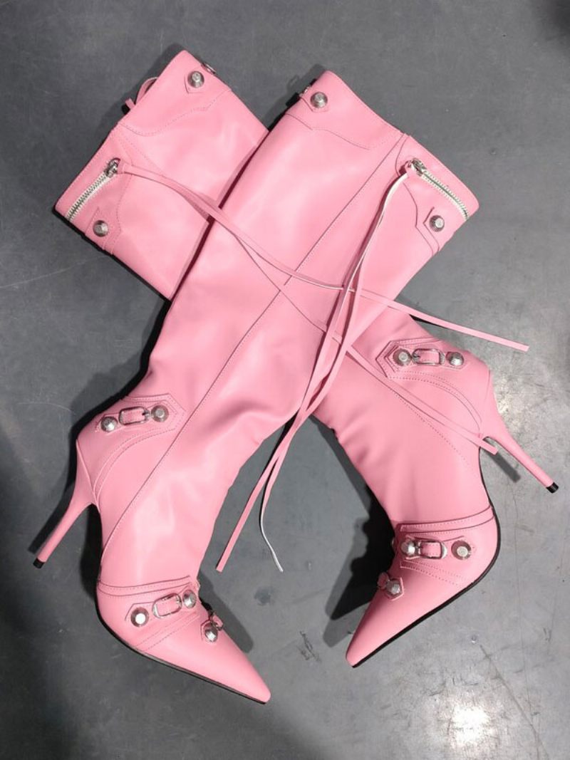 Naisten Polvisaappaat Klassinen Teräväkärkinen Stiletto Skinny Heeled Studs Solki Vintage-saappaat - Pink