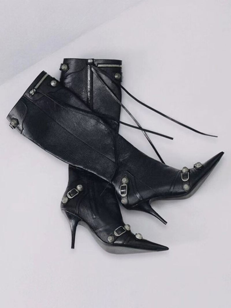 Naisten Polvisaappaat Klassinen Teräväkärkinen Stiletto Skinny Heeled Studs Solki Vintage-saappaat - Musta