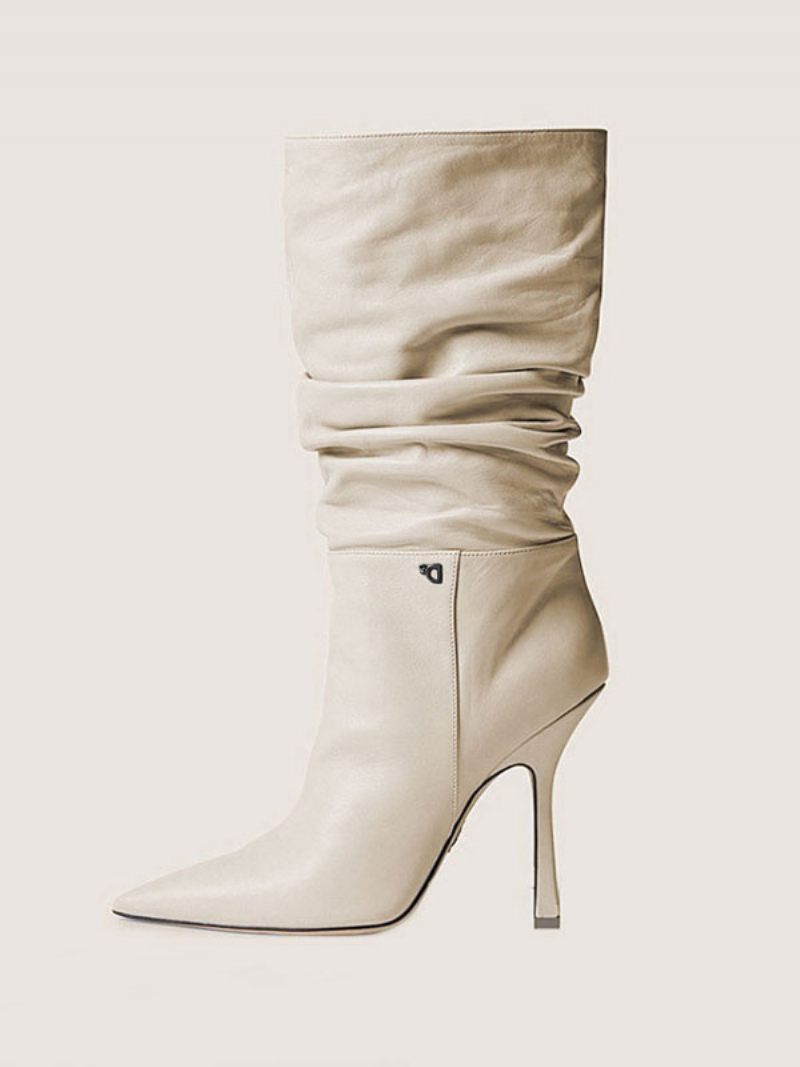 Naisten Slouch Stiletto Heel -saappaat Vaaleaa Kirkasta Nahkaa - Beige