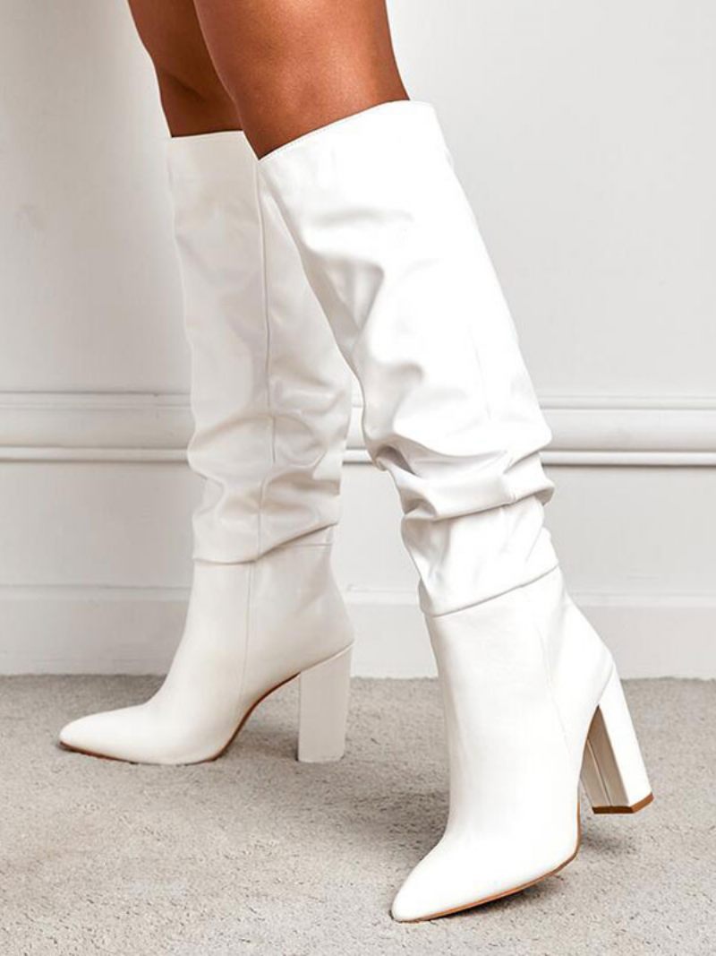 Naisten Slouchy Chunky Heel -polvisaappaat - Valkoinen