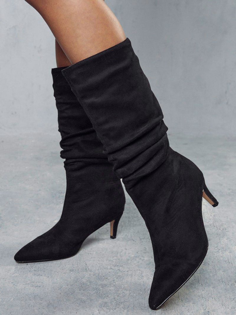 Naisten Slouchy Kitten Heel Pohkeen Keskiosa Saappaat - Musta