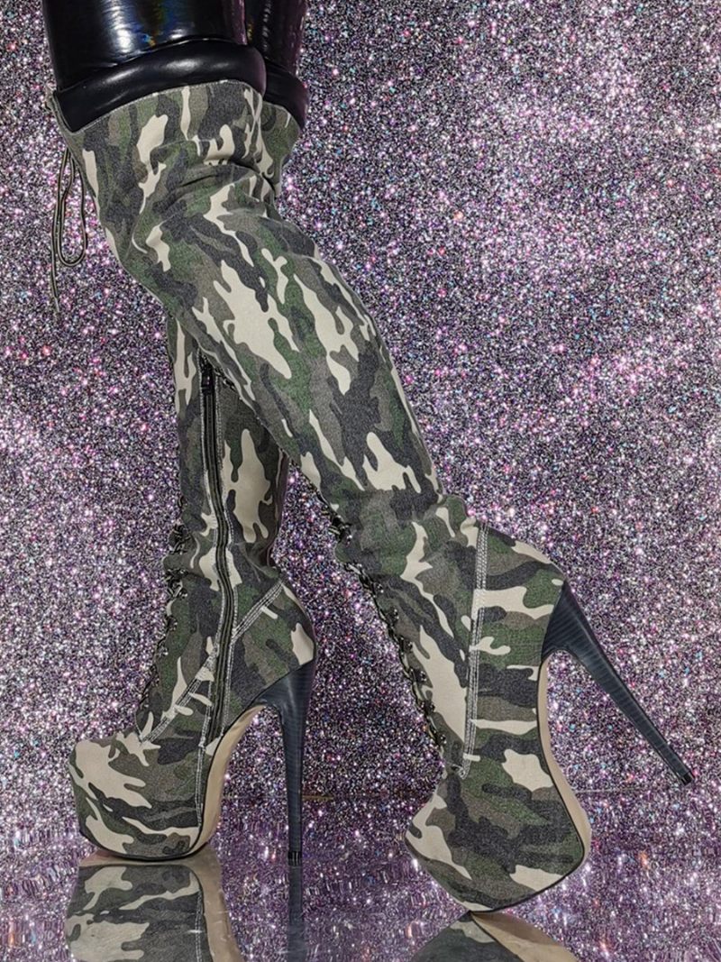 Naisten Stiletto Heel Camo -kuvioidut Reisikorkeat Saappaat