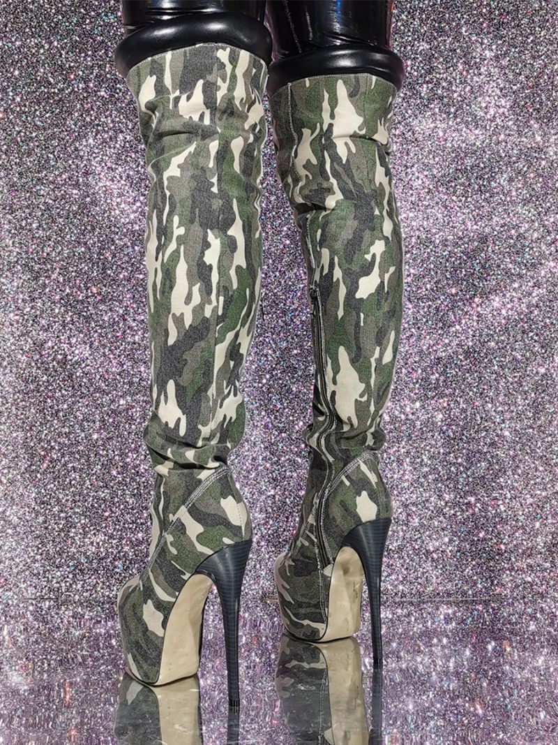 Naisten Stiletto Heel Camo -kuvioidut Reisikorkeat Saappaat - Hunter Green