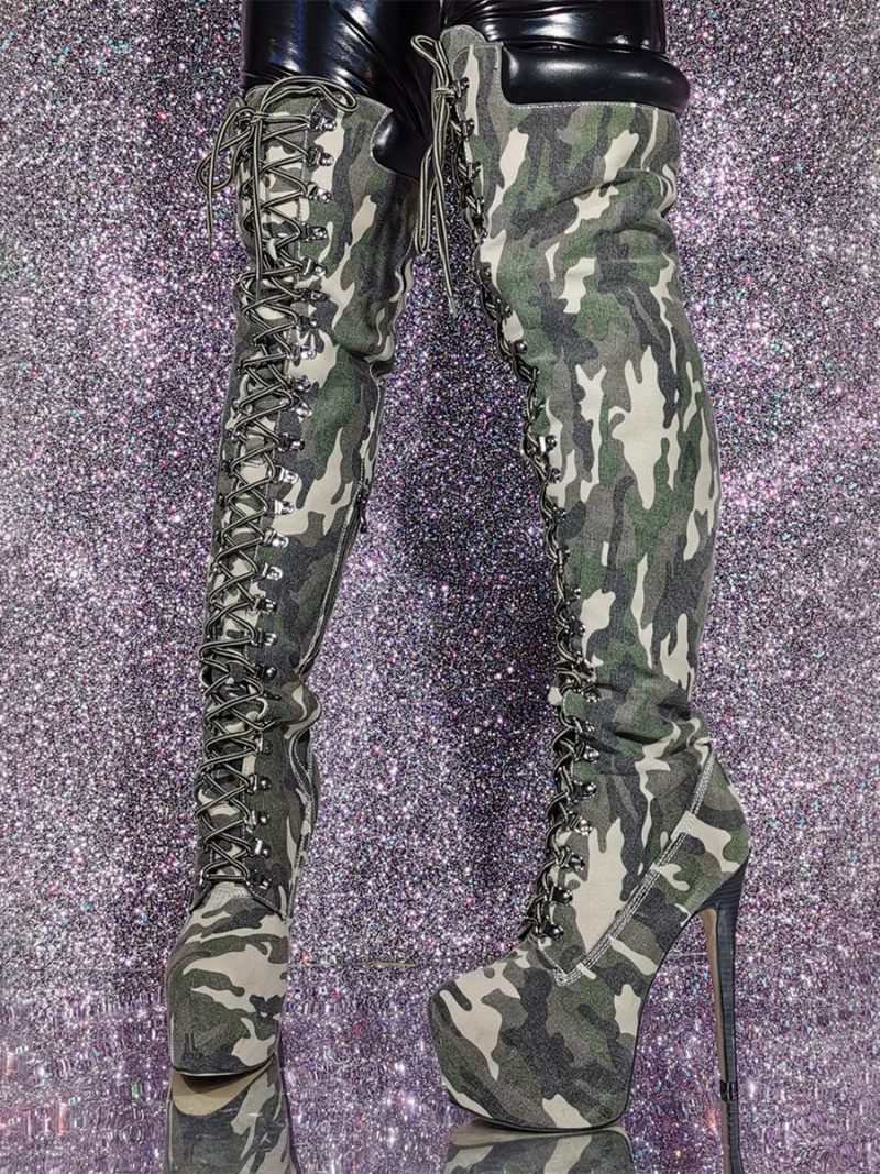 Naisten Stiletto Heel Camo -kuvioidut Reisikorkeat Saappaat - Hunter Green