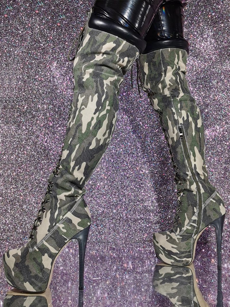 Naisten Stiletto Heel Camo -kuvioidut Reisikorkeat Saappaat - Hunter Green