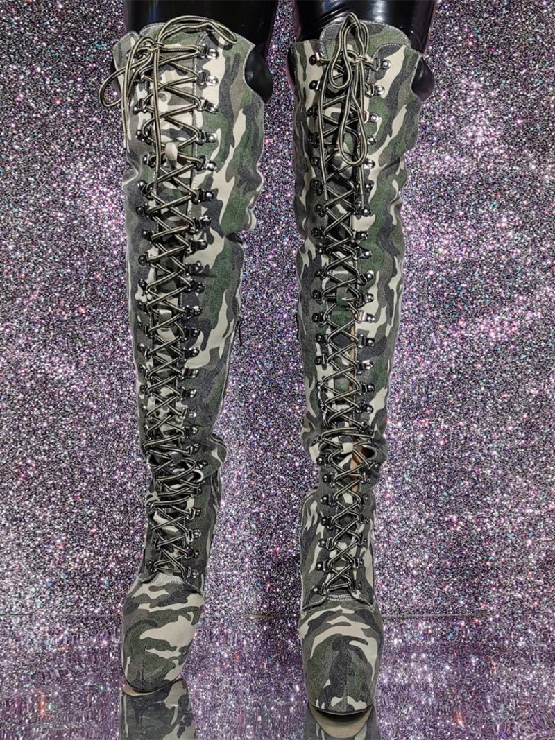 Naisten Stiletto Heel Camo -kuvioidut Reisikorkeat Saappaat - Hunter Green