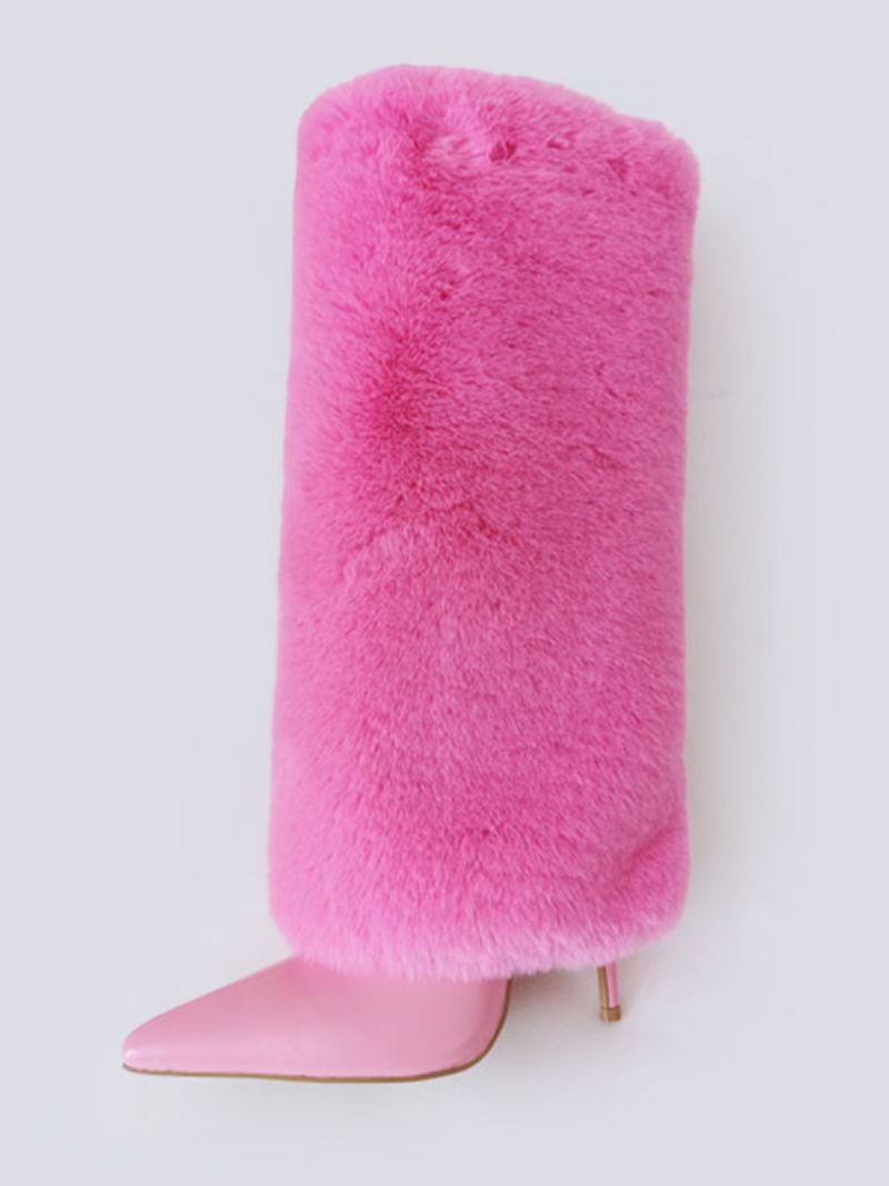 Naisten Valkoiset Saappaat Fuzzy Stiletto Heel -polvisaappaat - Pink