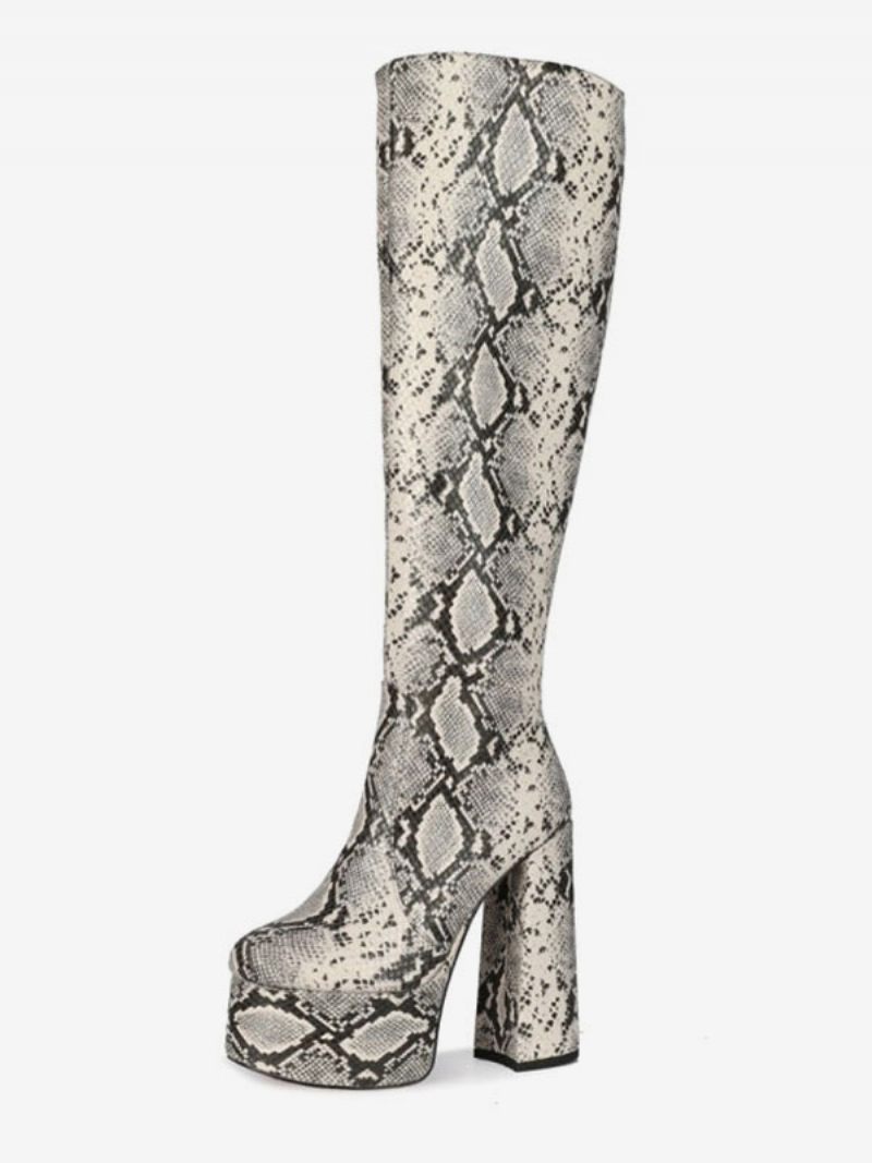 Polvisaappaat Python Pyöreä Varvas Snake Print Chunky Heel Naisille