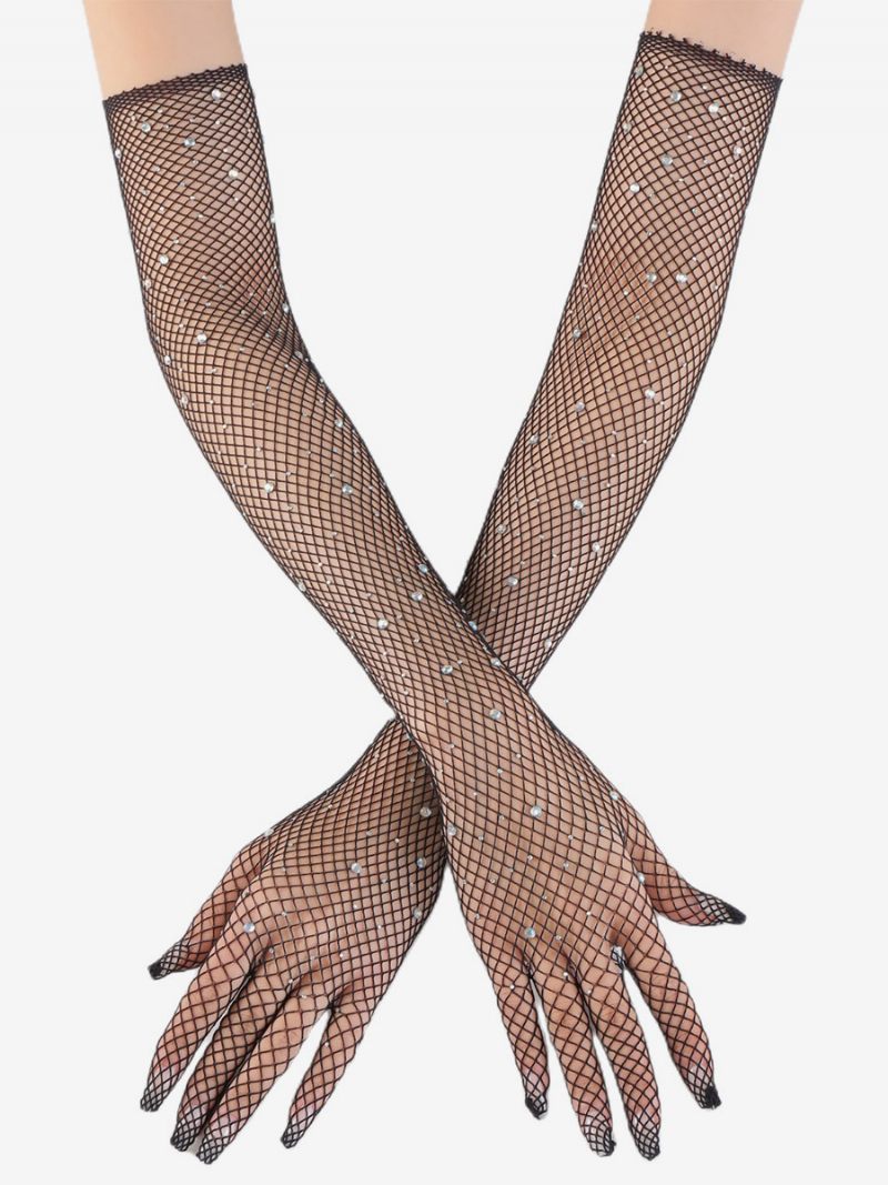 Strassikivi Mesh Arm Sleeve Bling Fishnet Pitkät Käsineet Naisille