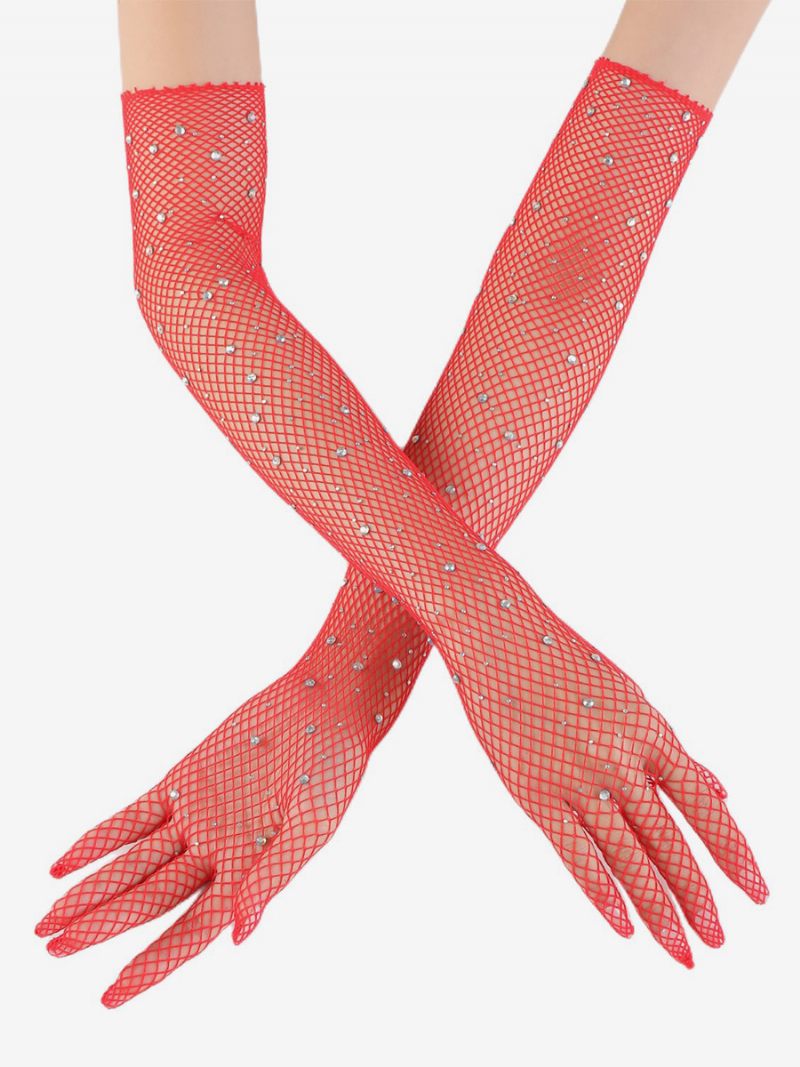 Strassikivi Mesh Arm Sleeve Bling Fishnet Pitkät Käsineet Naisille - Punainen