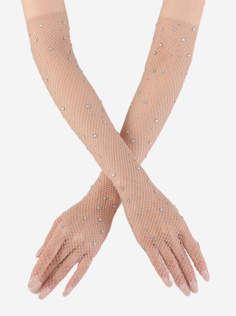 Strassikivi Mesh Arm Sleeve Bling Fishnet Pitkät Käsineet Naisille - Beige