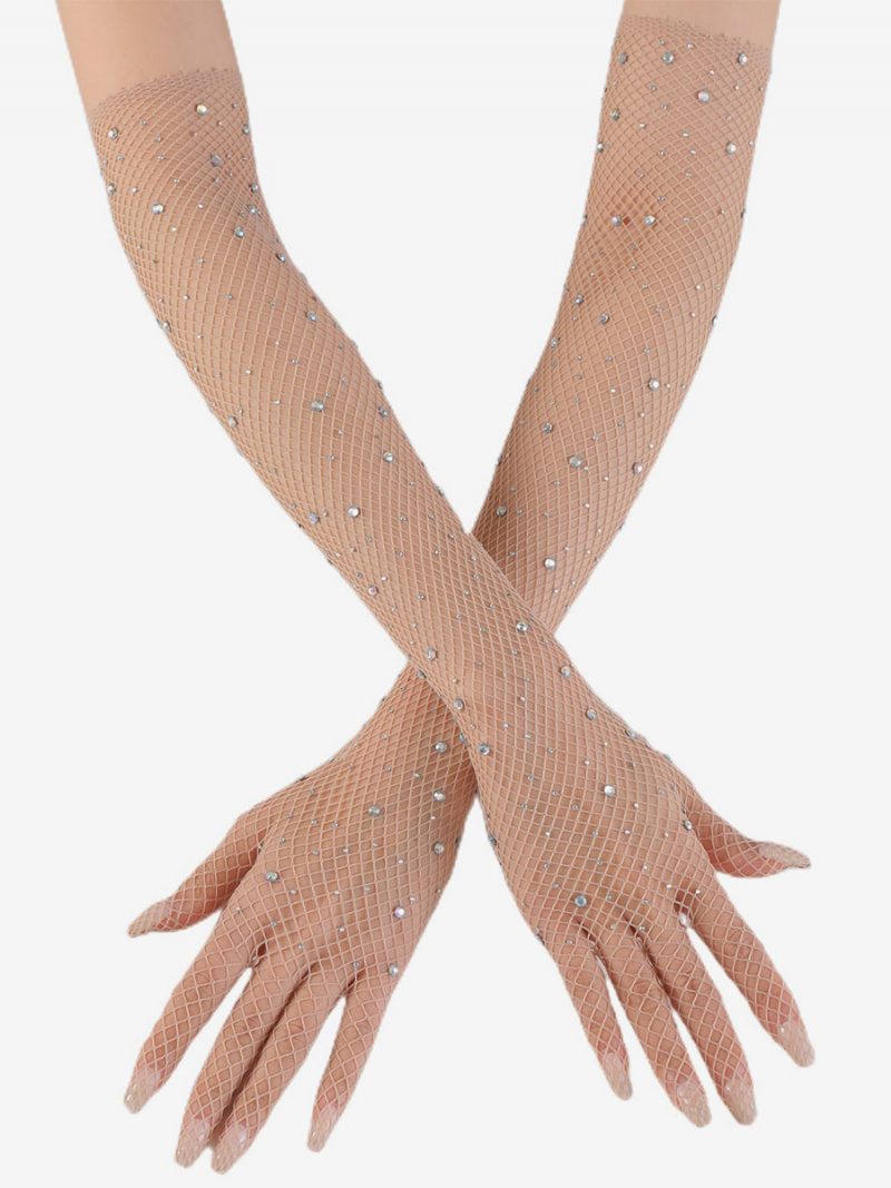 Strassikivi Mesh Arm Sleeve Bling Fishnet Pitkät Käsineet Naisille - Beige