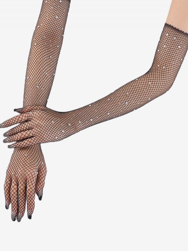 Strassikivi Mesh Arm Sleeve Bling Fishnet Pitkät Käsineet Naisille - Musta