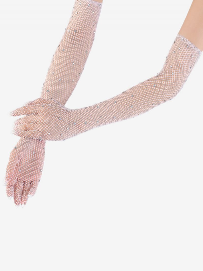 Strassikivi Mesh Arm Sleeve Bling Fishnet Pitkät Käsineet Naisille - Valkoinen