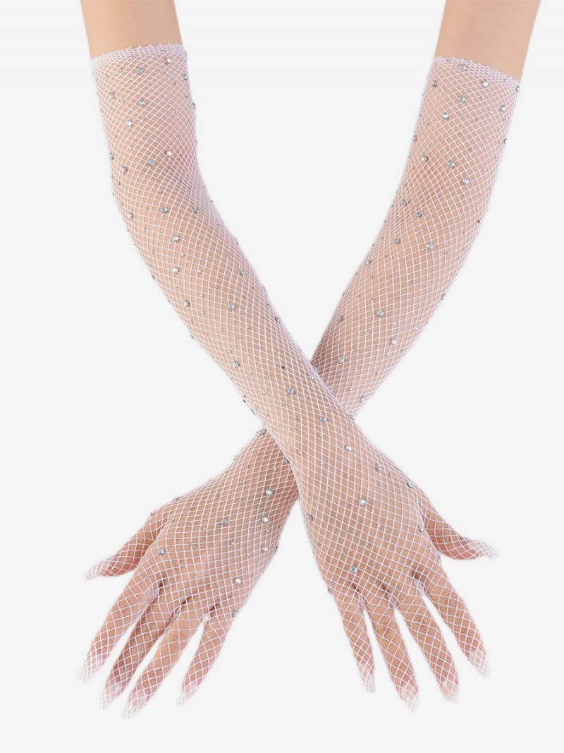 Strassikivi Mesh Arm Sleeve Bling Fishnet Pitkät Käsineet Naisille - Valkoinen