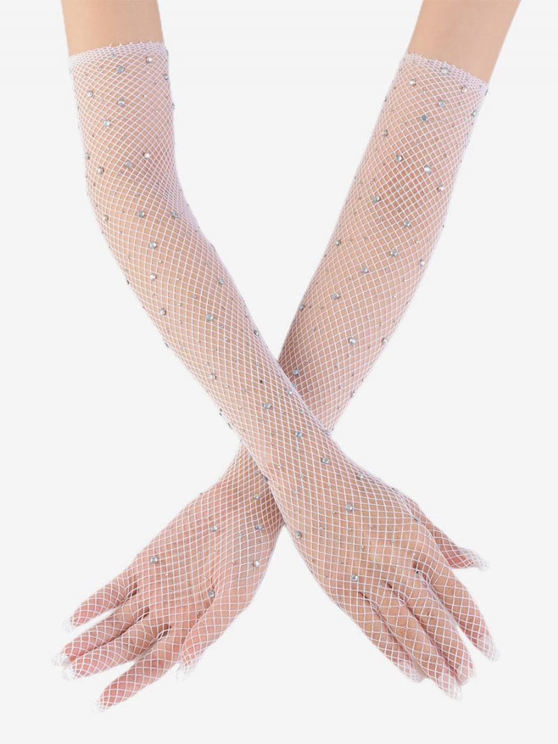 Strassikivi Mesh Arm Sleeve Bling Fishnet Pitkät Käsineet Naisille - Valkoinen