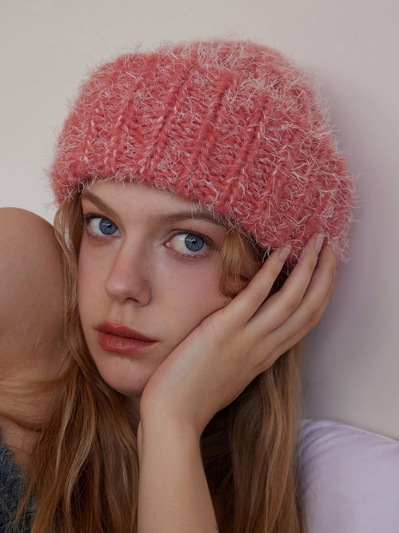 Wool Blend Beanie Yksivärinen Klassinen Hattu Naisille - Pink