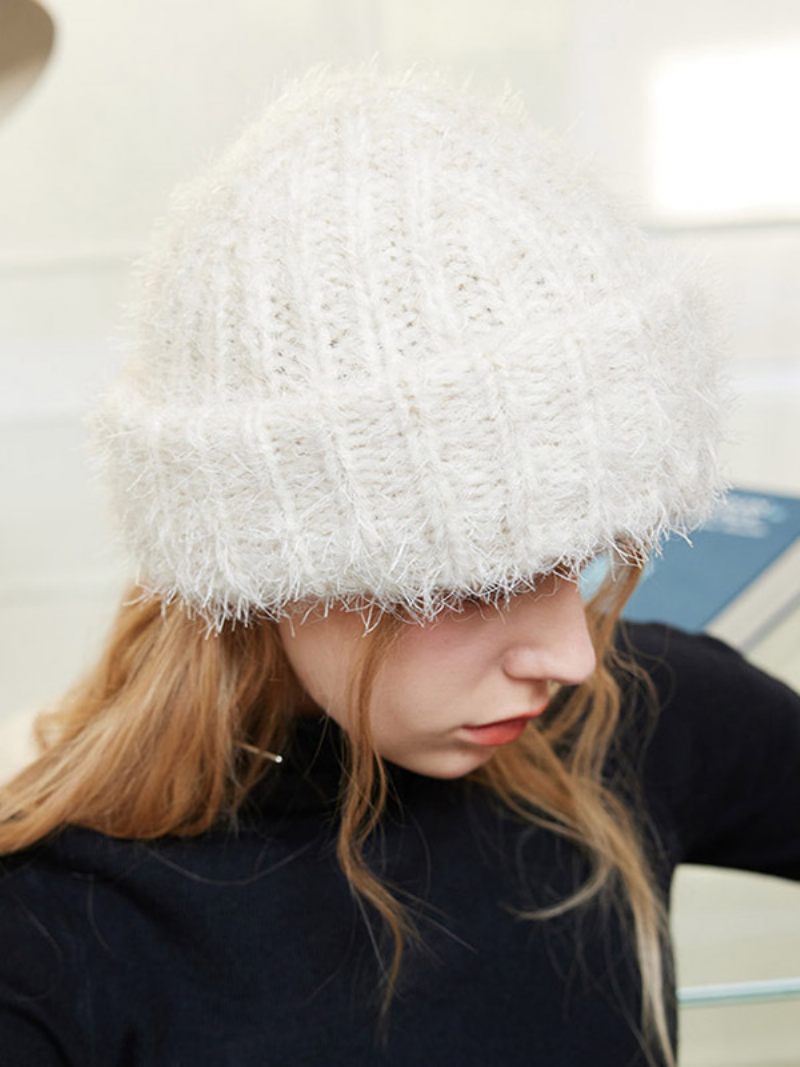 Wool Blend Beanie Yksivärinen Klassinen Hattu Naisille - Valkoinen