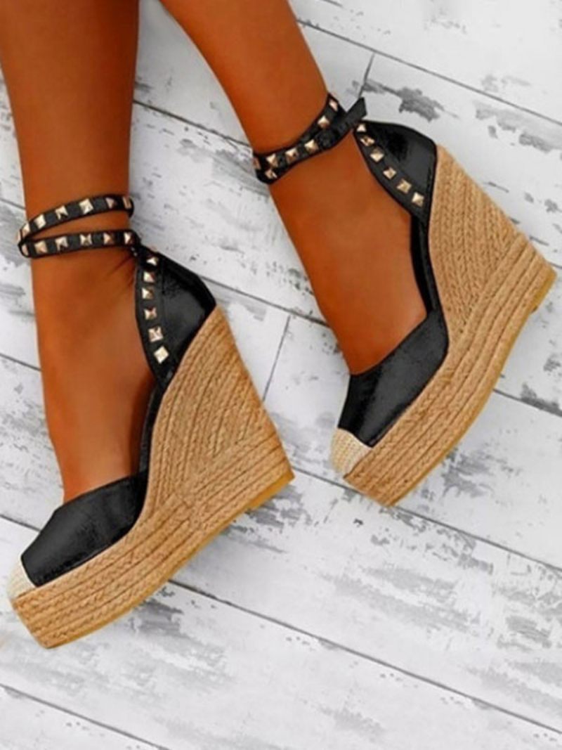 Black Wedge Sandaalit Pyöreä Toe Platform Niitit Nilkkahihna Espadrillit Naisille