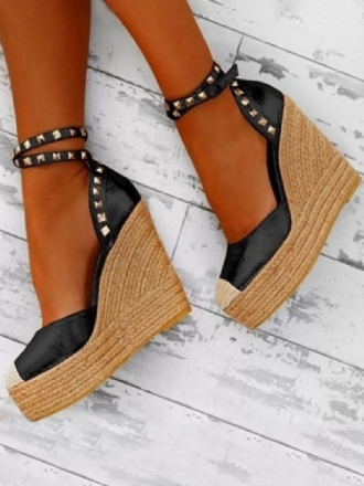 Black Wedge Sandaalit Pyöreä Toe Platform Niitit Nilkkahihna Espadrillit Naisille