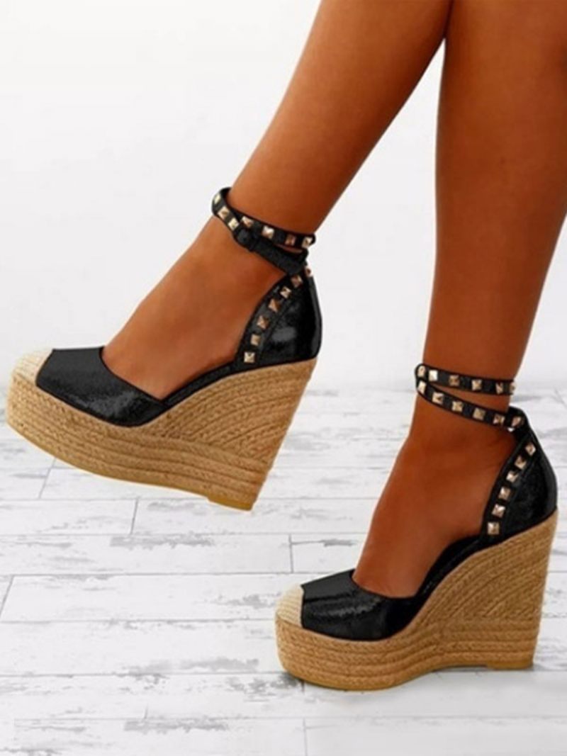 Black Wedge Sandaalit Pyöreä Toe Platform Niitit Nilkkahihna Espadrillit Naisille - Musta